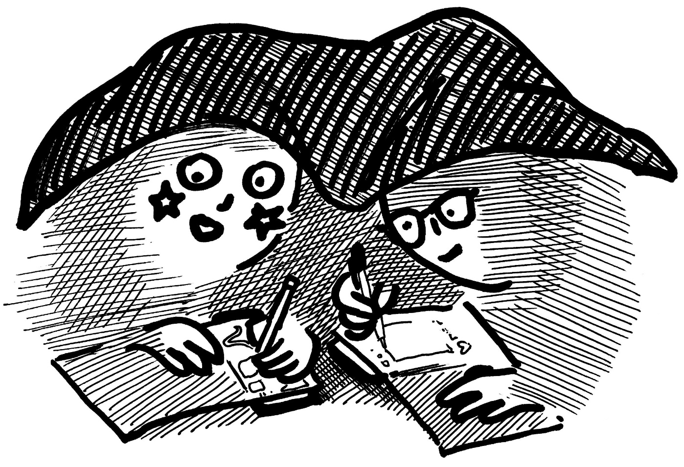 A drawing of two people under a blanket tracing their smartphone