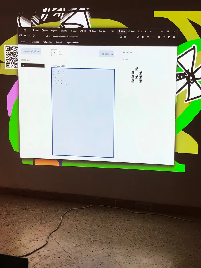 Same setup with drawings in the background and a browser open. This time showcasing the GTL tool from La Scuola Open Source, composing a modular character for the letter A.