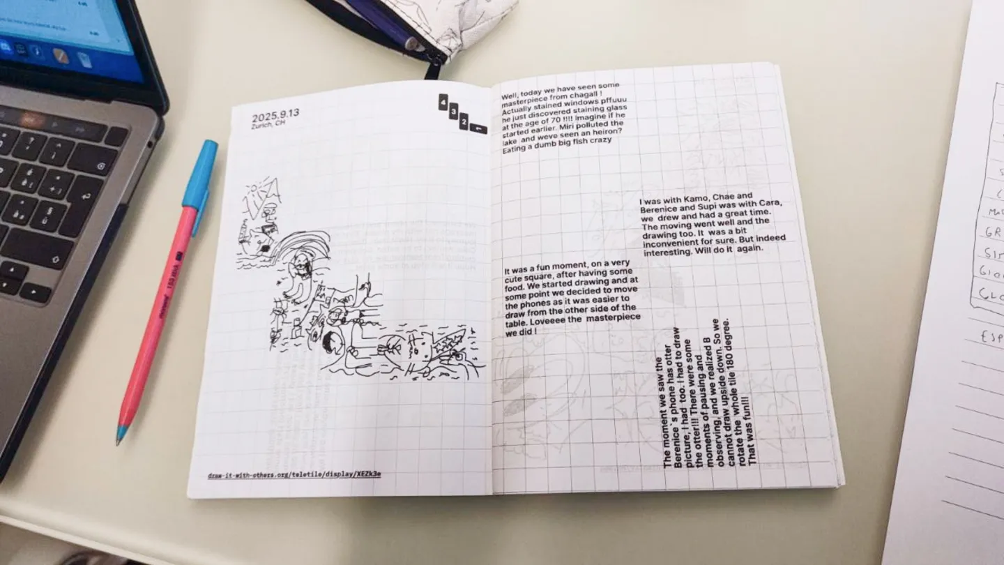 A spread from the zine with a teletile made with 4 phones in Zurich. In the drawing there is a lake, a parachute and some otters.